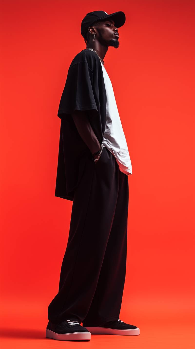 AI fashion portrait in oversized black streetwear