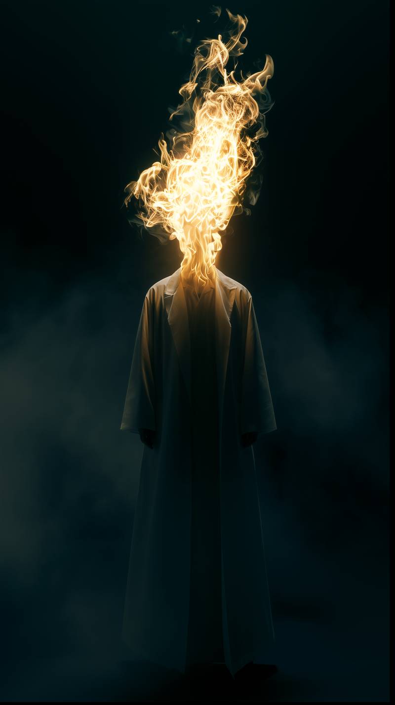 Surreal AI portrait with white flames and an oversized coat